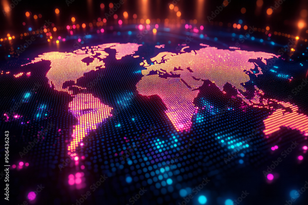Poster elegant representation of a dotted world map with multicolored spots, creating a dynamic effect on a