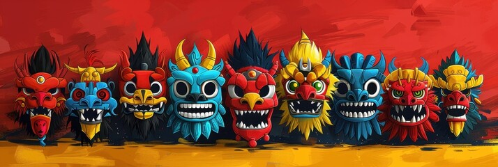 Fototapeta premium Colorful Dragon Masks, Asian Mythical Creatures with Sharp Teeth and Intricate Designs