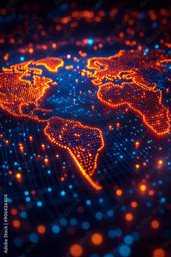 Poster clean depiction of an abstract world map with clusters of neon dots, highlighting the continents on 