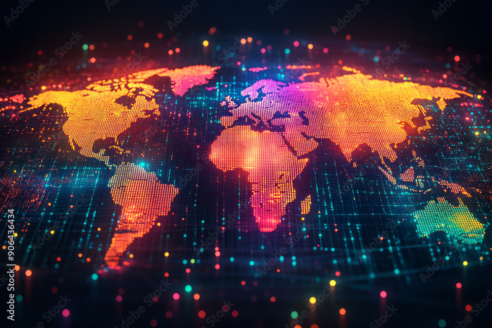 Poster elegant image of a dotted world map with a mix of vibrant colors, creating a dynamic pattern on a bl