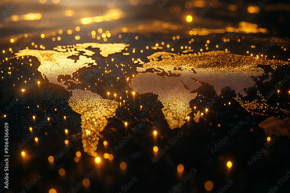 Poster clean scene featuring a world map composed of small, bright dots, creating an abstract effect on a d