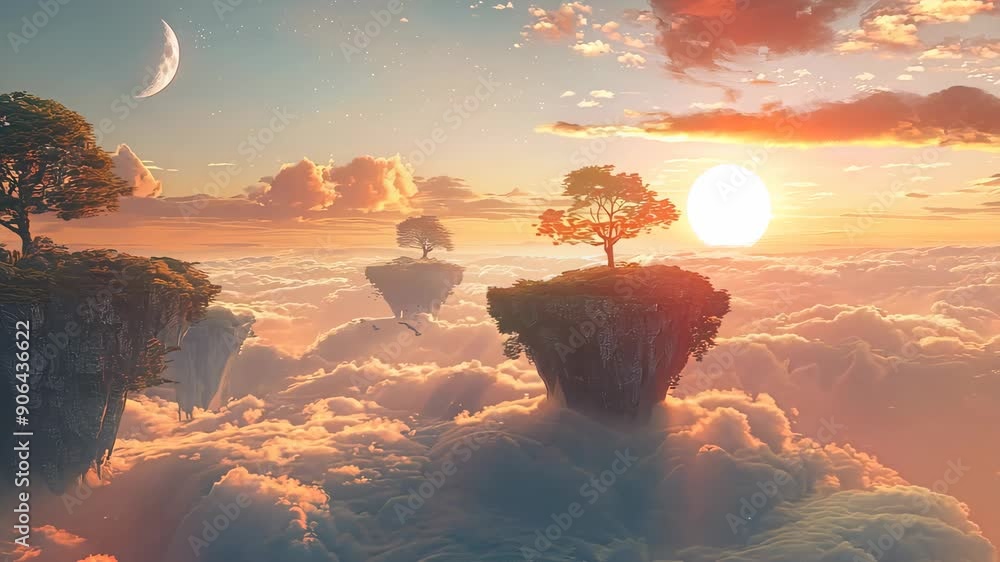 Poster Enchanting sunrise above clouds on magical floating island