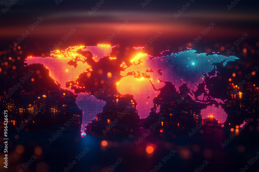 Poster minimalist image of an abstract world map with neon dots, highlighting the continents against a dark