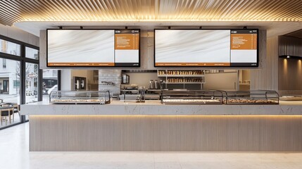 Blank mock up for menu board display screen, for restaurant cafe food business. Warm cozy atmosphere