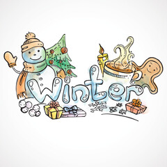 Coloring page inscription winter, vector watercolor style. Vector illustration