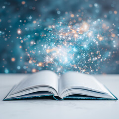 A book is open to a page with a blue cover. The stars are scattered all over the page