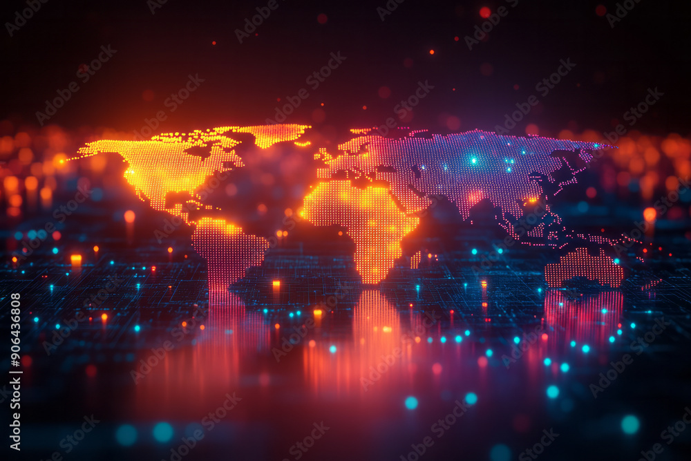Poster minimalist image of an abstract world map with neon dots, highlighting the continents against a dark