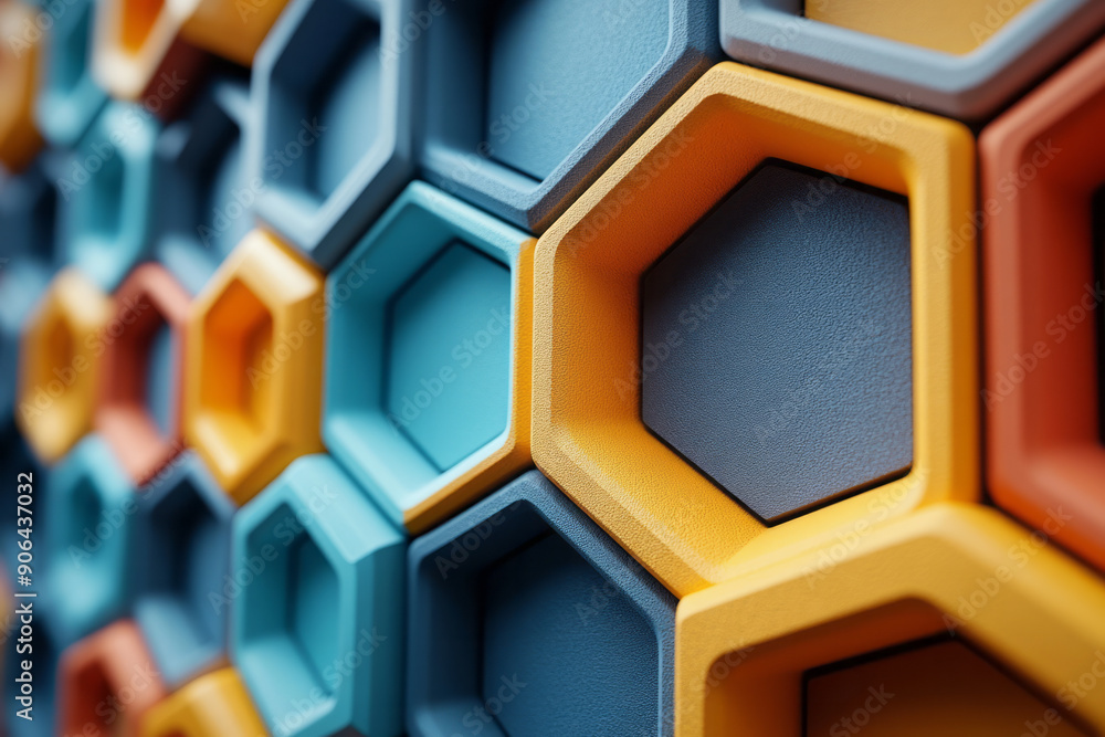 Poster minimalist image of an abstract hexagonal pattern with vibrant colors, set against a soft beige back
