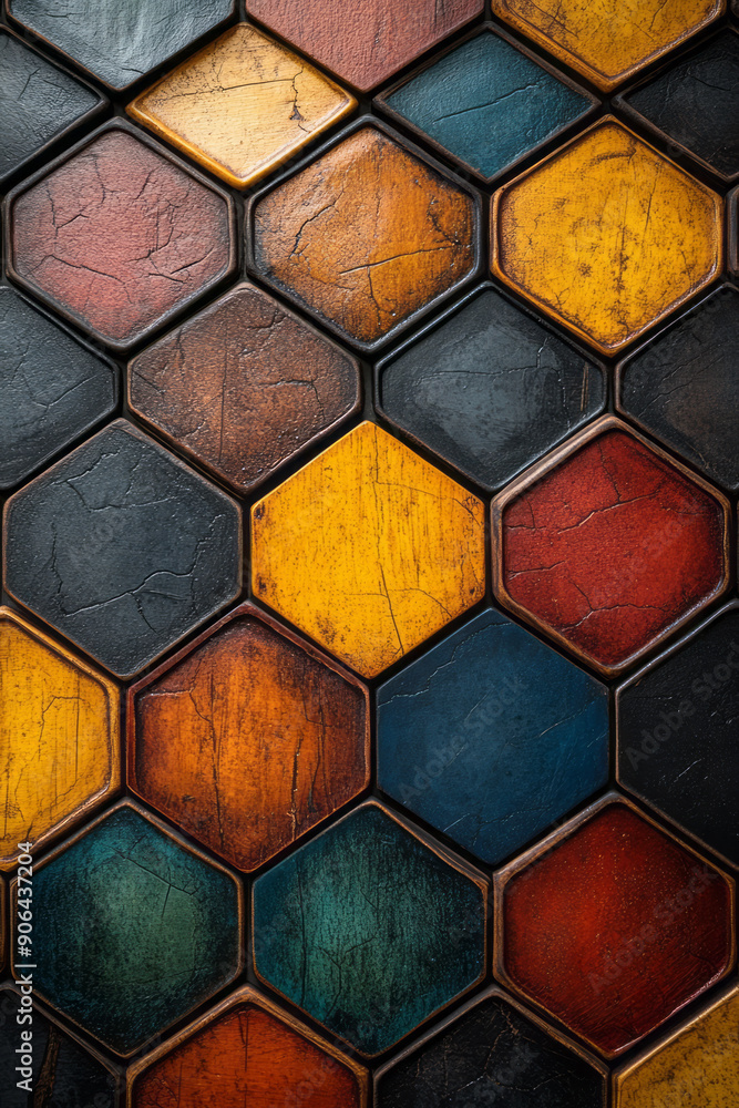 Poster clean depiction of a colorful hexagonal design, creating a dynamic and vibrant effect on a beige can