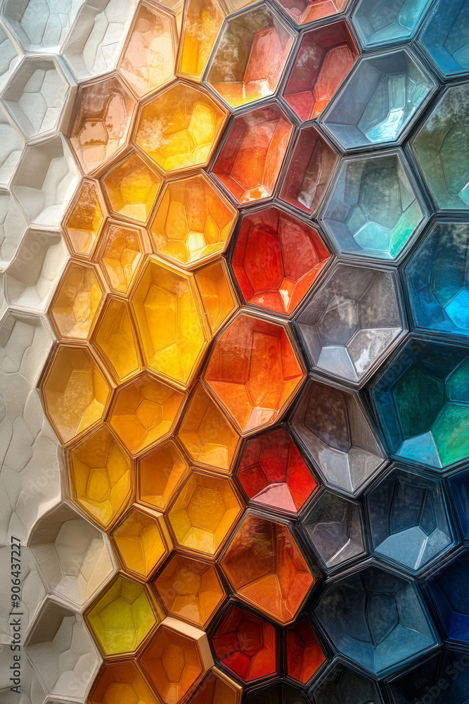 Poster clean depiction of a colorful hexagonal design, creating a dynamic and vibrant effect on a beige can