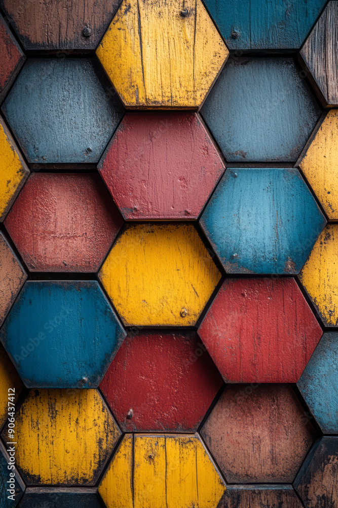 Poster minimalist representation of a hexagonal pattern with bold, vibrant colors, creating a striking visu