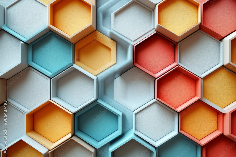 Poster elegant depiction of an abstract hexagonal pattern with vivid hues, forming a captivating design on 