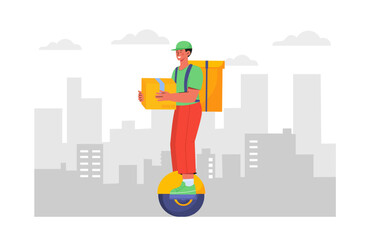 Delivery man at scooter. Young guy with box in hands delivers fast food. Online shopping and electronic commerce. Transportation and shipping. Flat vector illustration
