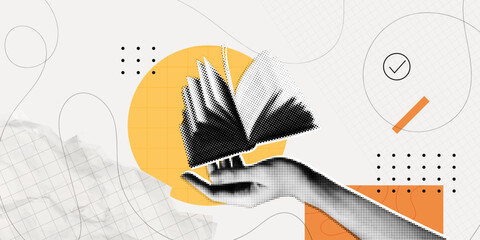 Trendy Halftone Collage Study and education concept. Hand with floating book. Human desire for knowledge. Smart thinking and brainstorming. Contemporary vector illustration art