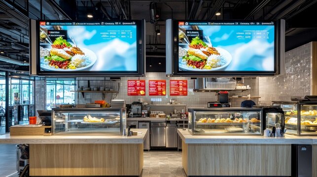 digital menu board, interior design concept for a restaurant, featuring two digital billboards above the counter area.