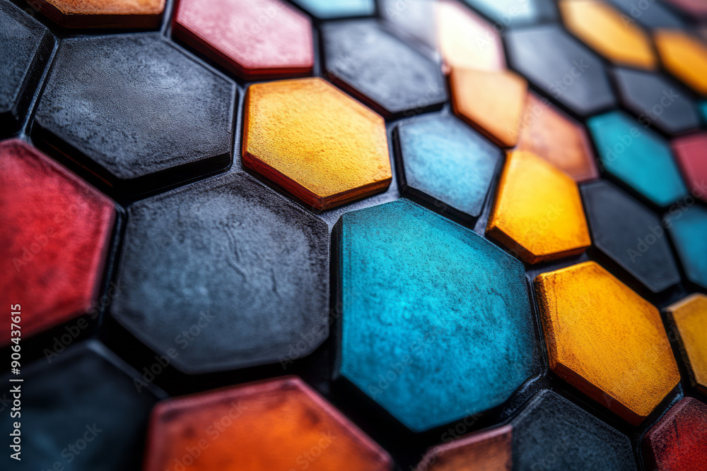 Poster clean scene of a hexagonal design with vibrant colors, forming an abstract pattern on a beige canvas
