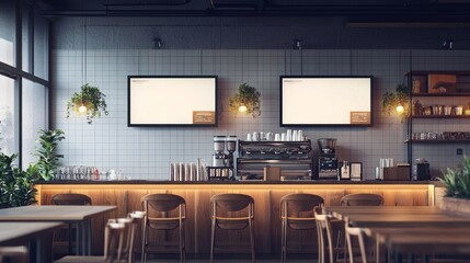 digital menu board, interior design concept for a restaurant, featuring two digital billboards above the counter area.