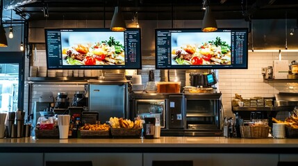 digital menu board, interior design concept for a restaurant, featuring two digital billboards above the counter area.