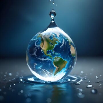 Planet earth encased in a clean fresh water droplet, highlighting the need to protect and clearn our planet