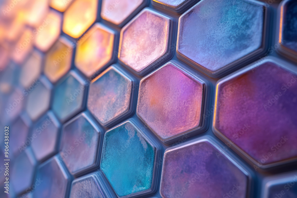 Poster minimalist image of an abstract hexagonal pattern with colorful highlights, set against a light back
