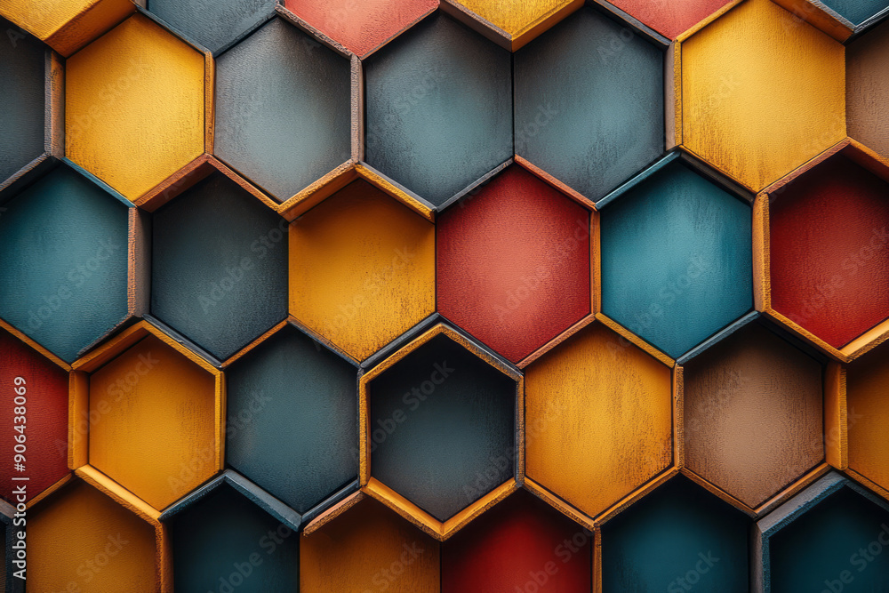 Poster minimalist scene featuring brightly colored hexagons, creating a dynamic and vibrant design on a bei