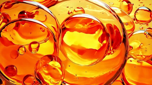 Vibrant orange bubbles merging in liquid swirls