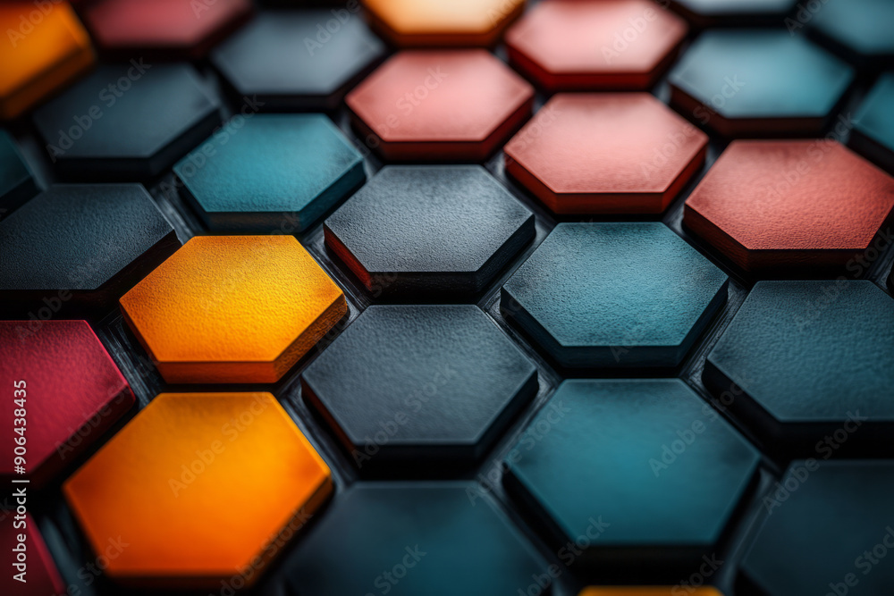 Poster minimalist representation of a hexagonal pattern with bold, colorful highlights, creating a striking