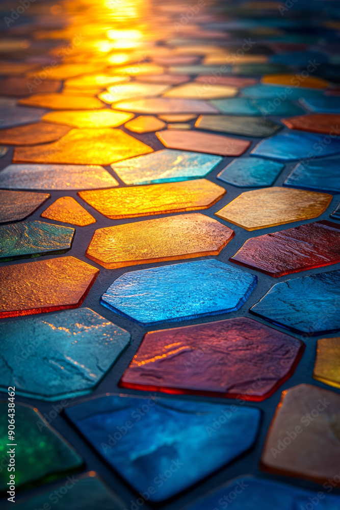Poster clean and modern image of a hexagonal mosaic with a mix of colorful highlights, set against a soft, 