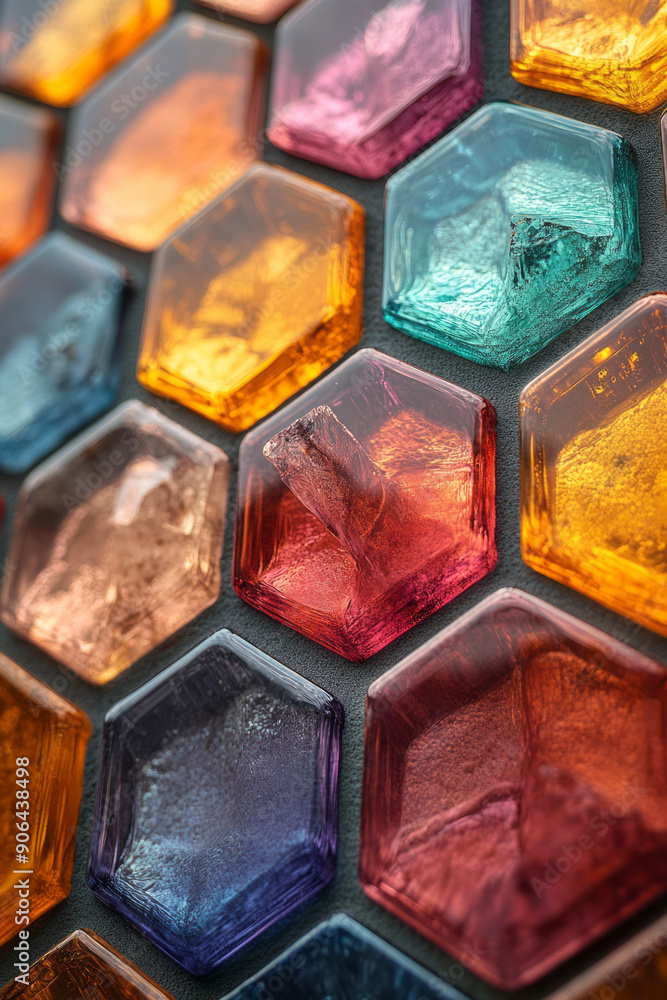 Poster clean and modern image of a hexagonal mosaic with a mix of colorful highlights, set against a soft, 