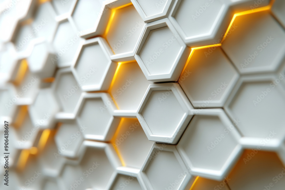 Poster minimalist aesthetic of brightly highlighted hexagons, creating a dynamic pattern on a light backgro