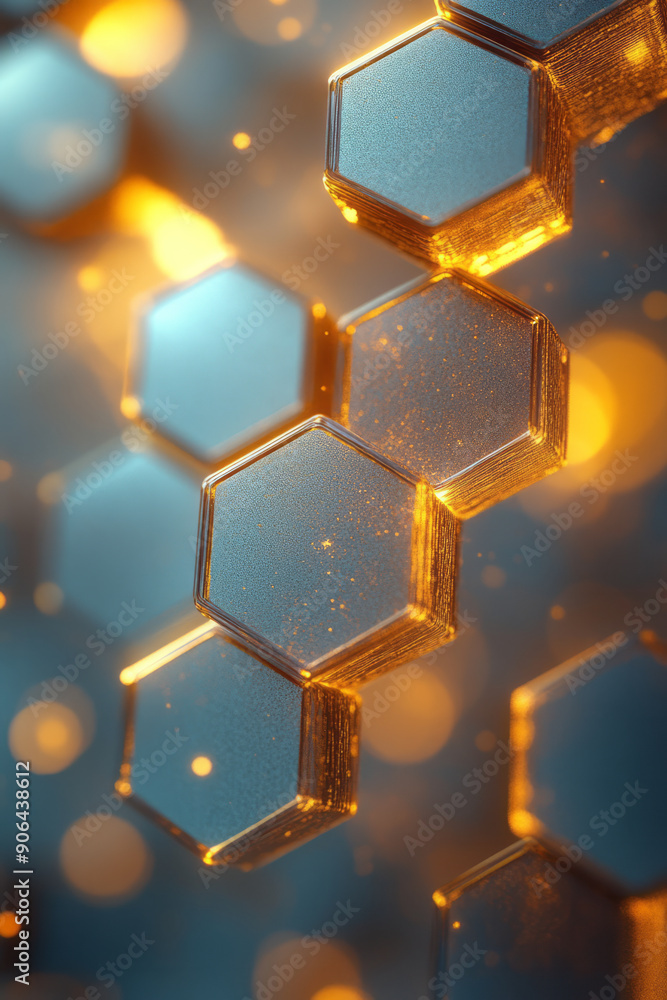 Poster elegant depiction of an abstract hexagonal pattern with vivid highlights, forming a captivating desi