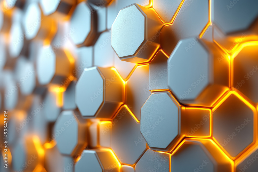 Poster minimalist aesthetic of brightly highlighted hexagons, creating a dynamic pattern on a light backgro