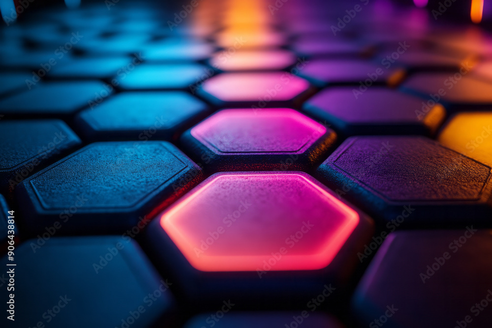 Poster minimalist image of an illuminated hexagonal pattern with vibrant colors, set against a dark backgro