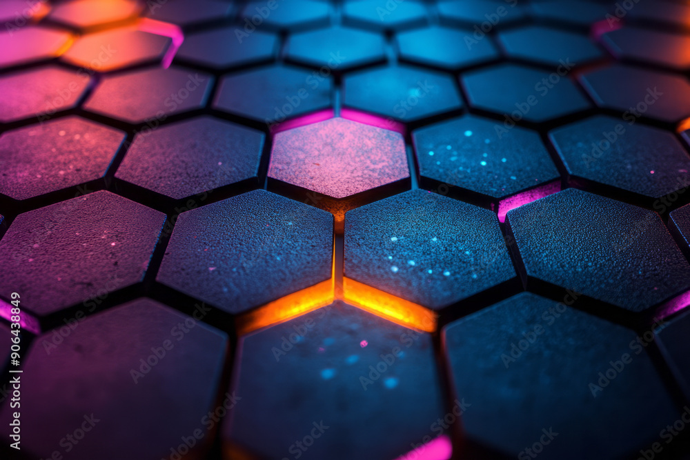 Poster minimalist image of an illuminated hexagonal pattern with vibrant colors, set against a dark backgro