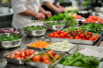 Obraz premium Fresh Ingredients Prepared for Culinary Mastery in a Professional Kitchen