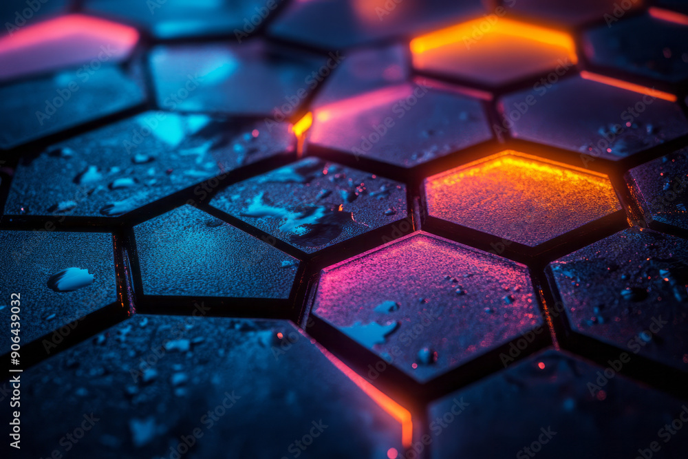 Poster minimalist representation of a hexagonal pattern with illuminated, colorful highlights, creating a s