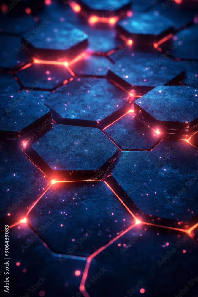 Poster elegant scene featuring interconnected hexagons with neon highlights, forming an abstract pattern on