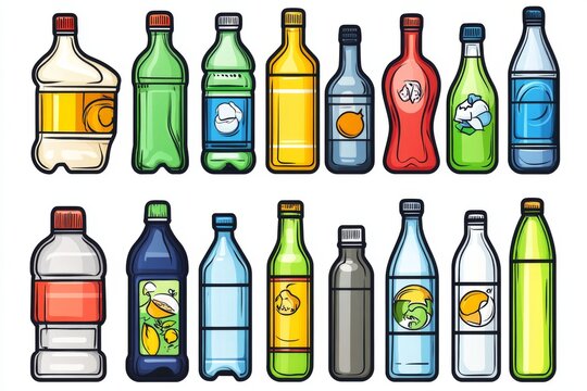Cartoon-style colorful bottles and cans encouraging playful and engaging approaches to recycling and environmental responsibility.