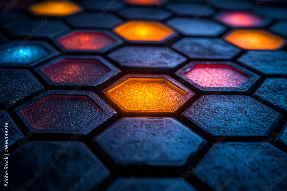 Poster minimalist aesthetic of brightly illuminated hexagons, creating a dynamic pattern on a black backgro