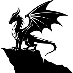 Dragon perched atop a rocky cliff, its wings unfurled vector silhouette