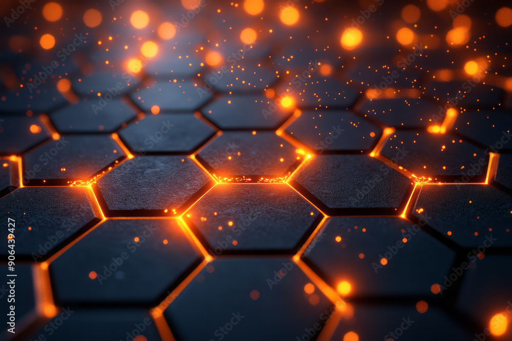 Poster clean depiction of an abstract hexagonal mosaic with glowing highlights, forming a striking pattern 