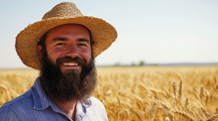 Fototapeta premium Smiling bearded farmer in a straw hat standing in a golden wheat field under a clear sky. Perfect for agricultural advertisements, rural lifestyle features, and farming blogs