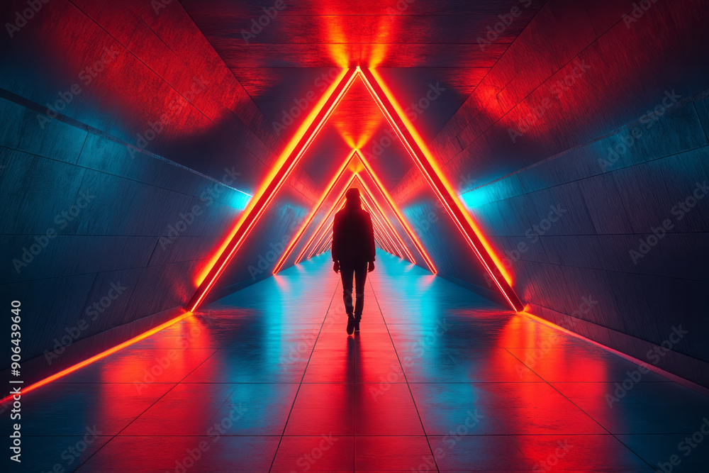 Poster minimalist representation of a neon triangular tunnel with sharp edges and fast-moving light streaks