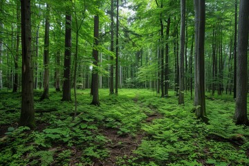 Obraz premium Lush green forest with dense trees and undergrowth
