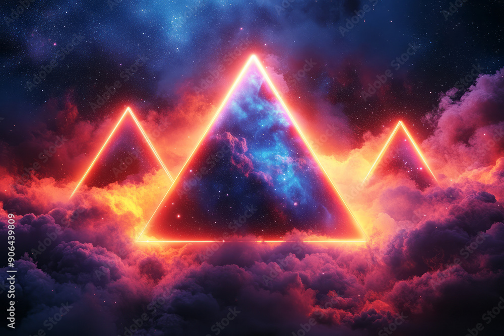Poster abstract image of glowing neon triangles floating in space, set against a starry background,
