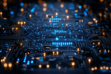 Obraz premium Abstract digital network circuit board background banner with glowing light and connecting data dots in blue and black colors. Big data technology concept 