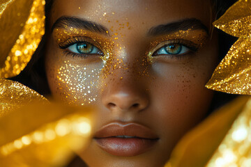 Futuristic representation of a model with golden tattoos, blending seamlessly with the oversized golden-tipped leaves,