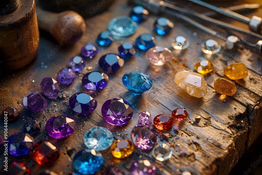 Poster a stunning array of colorful gemstones on a rustic workbench