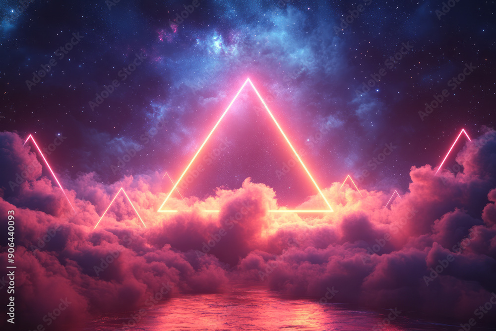 Poster dynamic arrangement of neon triangles in various sizes, creating a stunning visual against the starr