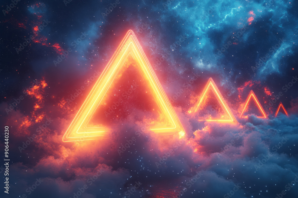 Poster abstract 3d representation of interlocking neon triangles hovering in space, set against a field of 